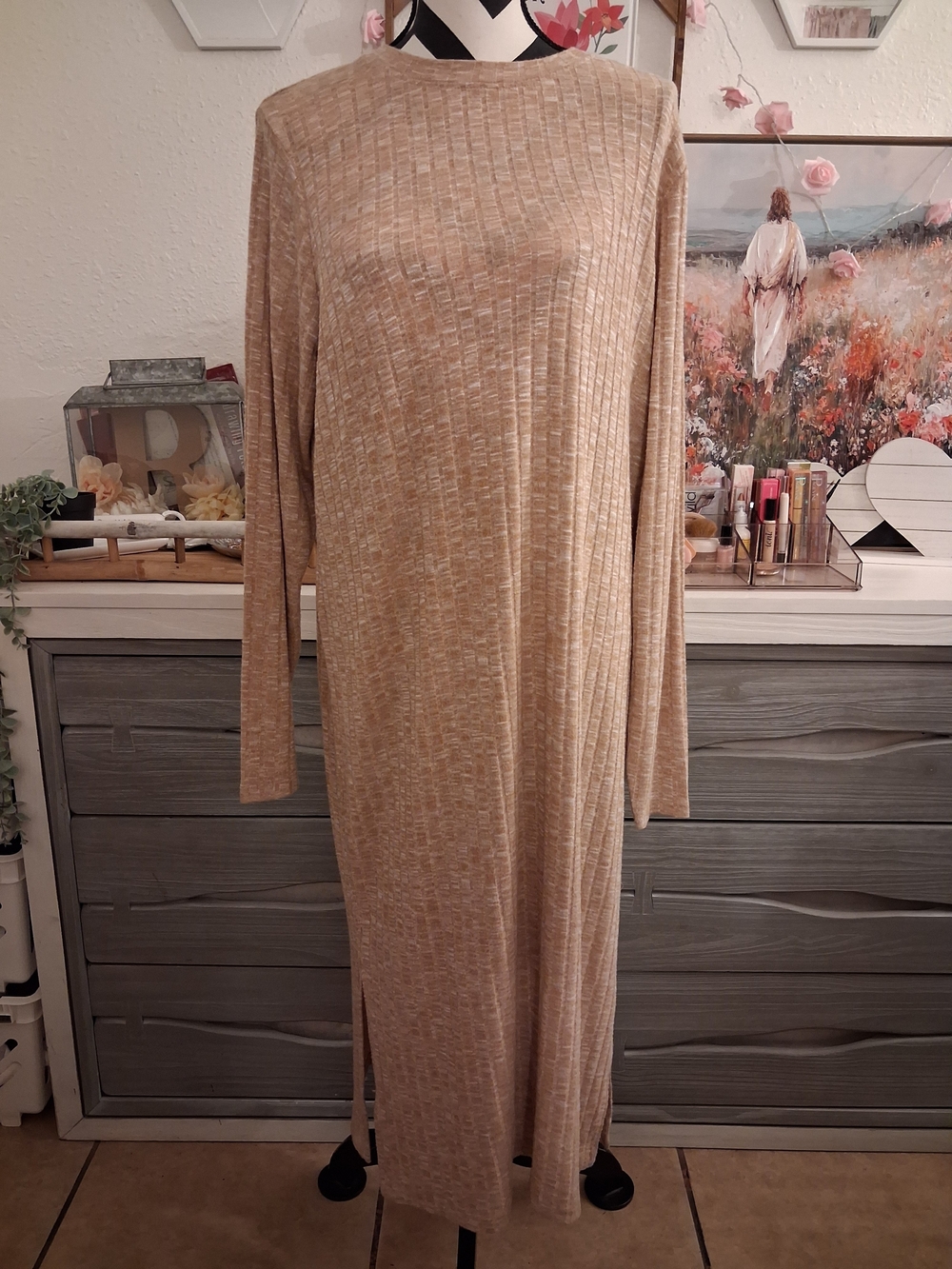 Vero Moda Neutral Beige Long Sleeve Maxi Dress